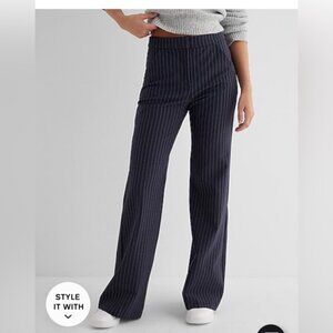 NWOT Express Navy Pinstripe Editor High Waisted Flare Trousers Pants 14L